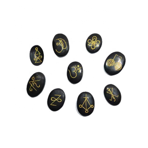 Alta calidad Karuna forma de ágata negra piedra ovalada 9 piezas Karuna conjunto Cristal de curación natural Reiki piedra preciosa Karuna Set al por mayor - Product Image 1