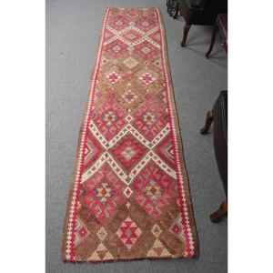 Vintage Rug, 2.6x10.4 ft <b>Runner</b> Rug, <b>Red</b> Plants & trees Wool Turkish Rug - Product Image 1