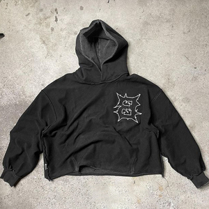 เสื้อฮู้ดดี้ผ้าฝ้ายเฟรนช์เทอร์รี่ 100% สไตล์สตรีทแวร์ สำหรับฤดูหนาว ระบายอากาศได้ดี ล้างสีแบบแอซิดวอช ไซส์ XS ปักลาย ตัดต่อแบบครอป ดีไซน์ดิสเทรส - Product Image 3