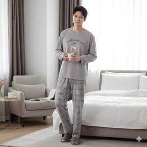 Ensemble de vêtements de nuit pour homme à manches longues en coton et élasthanne respirant à motif en treillis 2 pièces - Product Image 1