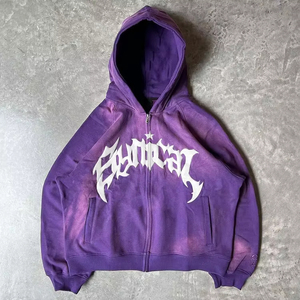 Sweat à capuche zippé oversize pour homme, en coton French Terry, style streetwear, coupe classique, délavé à l'acide, imprimé lettres - Product Image 2