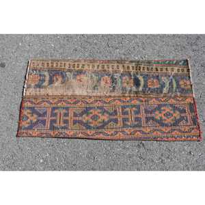 Alfombra Vintage, Alfombra Pequeña de 1.6x3.2 pies, Alfombra Turca de Lana Ikat Azul - Product Image 3