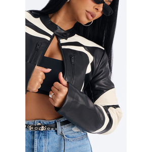 Nouveautés d'hiver Femmes Sexy Haut court à manches longues col rond bouton unique Blouson bomber en cuir PU Haut décontracté - Product Image 6