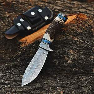 Cuchillo de Caza de Acero de Damasco 2024, Más Vendido, Alta Calidad, al por Mayor, Mango de Asta de Ciervo Hecho a Mano, Funda de Cuero Fino, Estilo Vikingo, OEM - Product Image 1