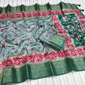 Tela de Seda de Lichi Suave y Pesada con Borde de Jacquard en Ambos Lados, Sari de Primera Calidad con Elegantes Borlas - Product Image 3