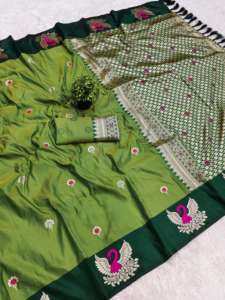 Sari en soie Banarasi douce pour femme avec broderie Zari et motif Meenakari sur toute la surface, bordure contrastante, pallu riche, fabriqué en Inde, en stock - Product Image 3