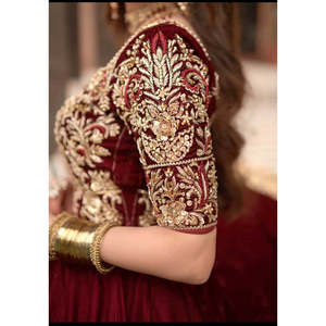 <b>Red</b> Velvet Long A-Line Ball Gown Dress Natural Waist Scoop Collar Customizable <b>Materials</b> for Bridal Wedding Mehndi Walima - Product Image 3