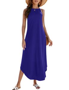 Women's High Neck Sleeveless <b>Loose</b> Midi <b>Dress</b> Solid Color Asymmetrical Hem Breathable Woven Casual Summer <b>Dress</b> - Product Image 1