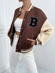 Women Varsity <b>Jacket</b> Long Denim <b>Baseball</b> <b>Bomber</b> <b>Jacket</b> With Lettermen Casual Wear Stand Collar Fur Decoration Finished Product - Product Image 3
