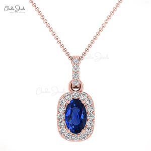 Producto de Moda, Collar Minimalista con Halo de Diamantes en Oro Sólido de 14k, Zafiro Azul Ovalado de 7x5mm, Regalo de Cumpleaños para Ella - Product Image 2
