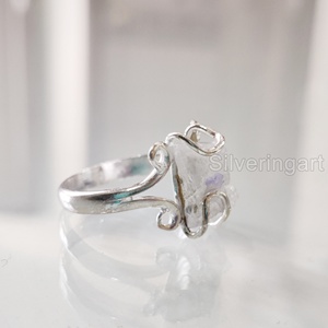Bijoux en pierre brute Bague pour femme Pierre de lune arc-en-ciel brute naturelle Pierre précieuse Juin Pierre de naissance Hippie Bande de fil Bague en argent sterling 925 - Product Image 3