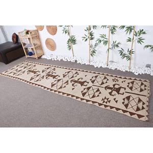 Ethnic Vintage Turkish Rug 2.7 X 10.7ft Beige <b>Brown</b> Patchwork Design Classic <b>Wool</b> Latex Large Area Rectangle Hallway for Rooms - Product Image 1
