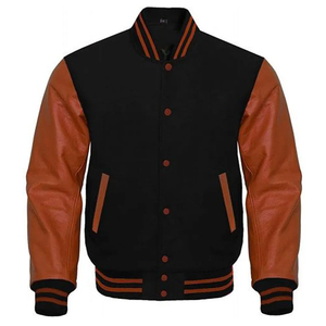Custom Patchwork <b>Real</b> <b>Leather</b> Sleeves Embroidery Stand Collar Front Logo Canvas Fabric High-quality Varsity <b>Jacket</b> for Men - Product Image 2
