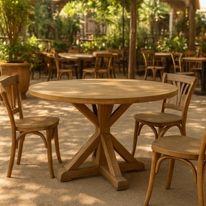 Rustic Round Dining <b>Table</b> with Pedestal Leg in Natural Wood Color for Modern Dining Room and <b>Outdoor</b> Garden Restaurant Sets - Product Image 6