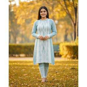Conjunto de Kurti Tejido Azul Cielo con Patrón Geométrico, Vestido Midi de Manga Larga, Ropa Casual de Invierno - Product Image 4
