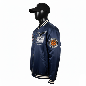 Chaqueta de Satén de Alta Calidad, Satén de Poliéster Suave y Brillante, Azul Marino Clásico, Corte Bomber, Chaqueta con Bordado de Logotipo Personalizado para Hombre - Product Image 3