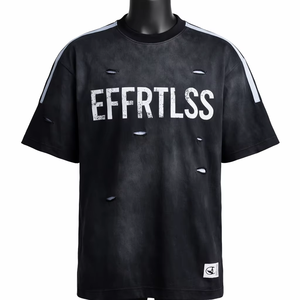 T-shirt Homme Oversize Noir en Jersey de Coton Teint Fil à Fil, Manches Courtes, Col Rond, Style Urbain, Respirant et Confortable - Product Image 1