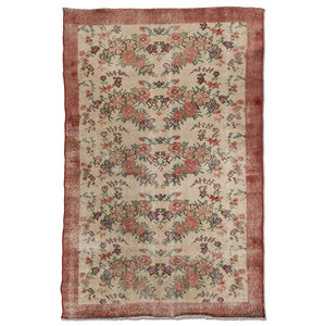 Alfombra de Lana Anudada a Mano Vintage Pae-2354 de Gran Tamaño, Diseño Floral Rojo y Naranja para Sala de Estar, Pasillo, Rectangular, para Adolescentes - Product Image 1