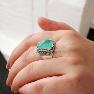 Bague fine en argent sterling 925 de créateur, faite à la main, avec incrustation de chalcédoine aqua naturelle à facettes, style bohème pour femme - Product Image 4