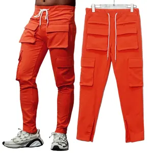 Orange Custom Stacked Sweatpants Mens 6 Six Pockets Wholesale Orange Jogger Stacked Pants Trousers