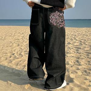 Pantalones Vaqueros Negros Deslavados Vintage al por Mayor, Pantalones Holgados de Estilo Urbano Vintage para Hombre con Logotipo de Flor Bordado - Product Image 3