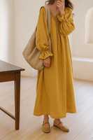 Robe ample bohème vintage en coton, col mandarin, manches bouffantes, écologique, respirante, lavable, infroissable, teinte unie, élégante