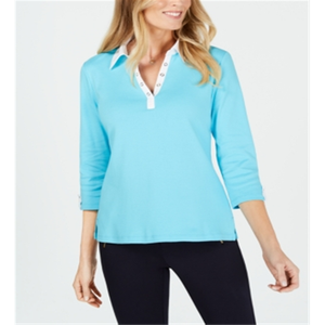 Camicia in maglia con dettagli in cotone e occhielli Karen Scott Aqua taglia S - Product Image 4