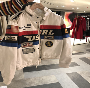 Veste de course, Polo, multi-patch, drapeau USA, style bomber, esthétique vintage, colour block, disponible au prix de gros. - Product Image 1