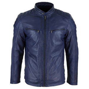 Chaqueta de Motociclista de Cuero Sintético Azul para Hombre, Cuello Alto, Cierre de Cremallera, Corte Regular, Color Sólido, Estilo Biker, para Otoño - Product Image 2