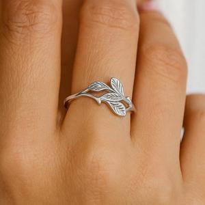 925 <b>Sterling</b> <b>Silver</b> Leaf <b>Ring</b> <b>Adjustable</b> Dainty Branch Nature <b>Ring</b> for Women - Product Image 2