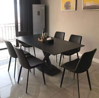 Ensemble de table à manger italienne pour la maison, ardoise noire pure, design de pieds en forme de X, style rectangulaire moderne minimaliste, matériau en pierre imperméable