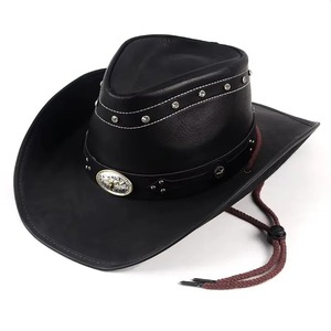 Sombrero de vaquero clásico occidental para hombre, gorra de vaquera para mujer, Sombrero informal negro de piel sintética para exteriores para Hombre con cuerda a prueba de viento - Product Image 6