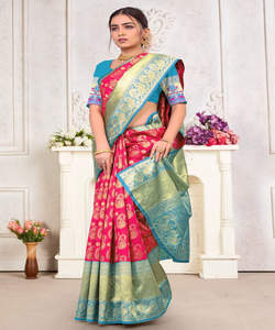 Sari en soie Banarasi Jacquard, chemisier pour femmes, tenue de fête et de festival, soie de coton douce, design moderne, stock de saison toujours disponible, vente en gros - Product Image 4