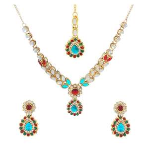 Kriaa 1106205D Blue Kundan <b>Bridal</b> <b>Jewelry</b> <b>Set</b> with Gold Plated Maang Tikka for Gifts Made from Stainless Steel - Product Image 1