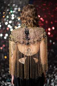 Robe de soirée asymétrique en mousseline brodée à la main avec franges et cristaux, tenue de club luxueuse, cape lourde et scintillante perlée - Product Image 3