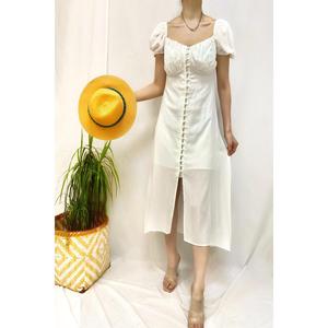 Vestido midi tejido blanco con cuello princesa y cintura natural - Elegante para fiestas - Product Image 1