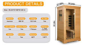 Sauna Factory MINI-HH Modern Single Person Indoor Infrared Sauna 5 <b>Heaters</b> Bluetooth Low EMF Hemlock Wood Bedroom 5-Year - Product Image 4
