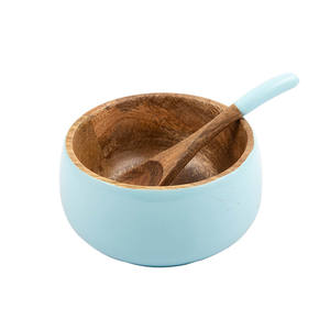Natural Wood Round Salad Serving <b>Bowl</b> Light <b>Blue</b> Enamel Inside Set with Matching Salad Serving <b>Bowl</b> With Spoon - Product Image 5