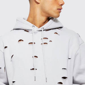 Sweat-shirts d'hiver personnalisés pour hommes, en molleton gris chiné déchiré, à manches longues, avec poche, surdimensionné, 100% coton, OEM privé - Product Image 3