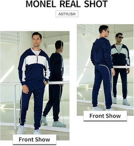 <b>Navy</b> Blue White Panel Stripe Tracksuit Set Full Zip Hoodie Jacket with Drawstring Jogger Pants Custom 2Pcs Active Wear Outfit - Product Image 4