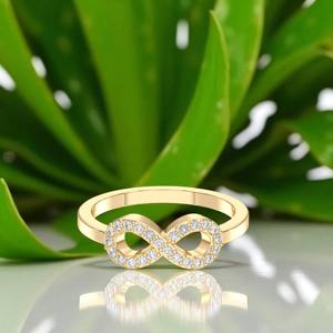 Infinity Shape 0,20 Quilates, juego de pavé de diamante redondo cultivado en laboratorio, anillo de compromiso de lujo, K 10, 14K, 18K, oro macizo, unisex, quilates - Product Image 5