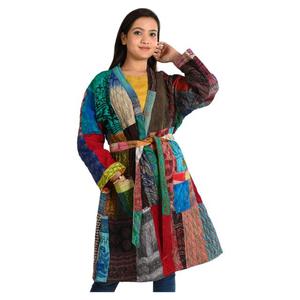 Vintage Boho Kantha Patchwork Reversible Jacket Recycled Silk Patchwork <b>Coat</b> for Women Handmade Casual Wear with Woven Technique - Product Image 5