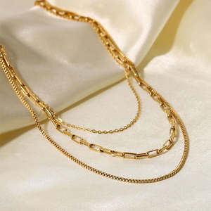 Collar de hombre de triple capa estilo hip hop chapado en oro de 18k sobre plata de ley, diseño de cadena tipo clip, estilo vintage - Product Image 1