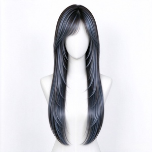 Peluca de Cabello Humano Largo y Liso con Capas, Color Negro con Reflejos Azul Grisáceo, con Flequillo Delgado para Delinear el Rostro - Product Image 1