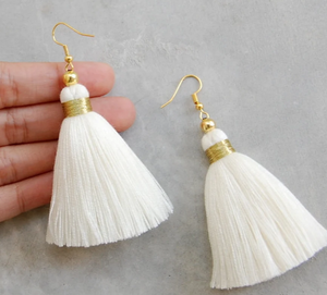 Pendientes de Borla de Color Marfil de Primera Calidad con Flecos Dorados - Dorados - Largos - Product Image 1