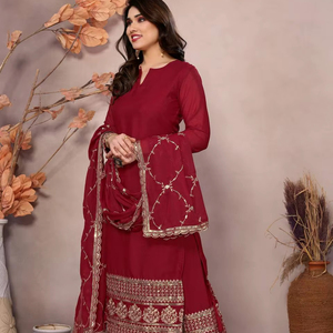 Ropa tradicional de diseñador bordada roja-Traje formal Salwar Kameez de manga larga Traje de fiesta pakistaní de 3 piezas - Product Image 1