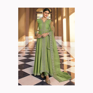 Ropa étnica india pakistaní Material de red Alta bordado borde de encaje perlas de diamantes trabajo largo elegante Dupatta Lehenga Choli vestido - Product Image 6