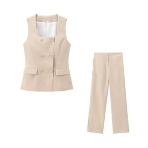 ชุดเซ็ตสองชิ้นสำหรับผู้หญิง เสื้อกั๊กติดกระดุมแบบปกปิด และกางเกงขายาวทรงตรงเอวสูง - Product Image 6