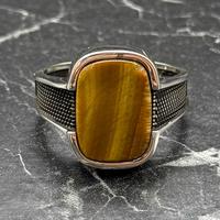 Bague Chevalière Minimaliste Géométrique en Argent Sterling avec Pierre Naturelle Œil de Tigre Marron pour Homme, Cadeau d'Anniversaire IGI