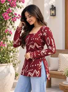 <b>Maroon</b> White Leaf Print Long Sleeve Square Neck <b>Top</b> Casual Loose Fit Square Neck Rayon All Seasons Wear Short Kurti for Women - Product Image 4